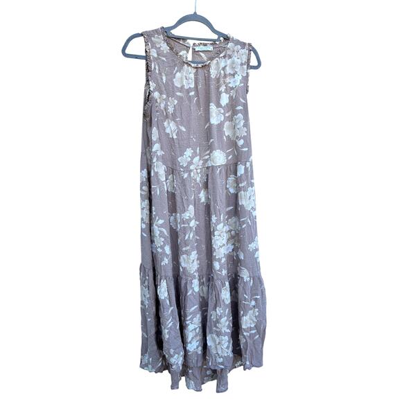 Calista Tiered Midi Dress, Lightweight, Light Brown, Floral, Textured, Sz L - Picture 1 of 6